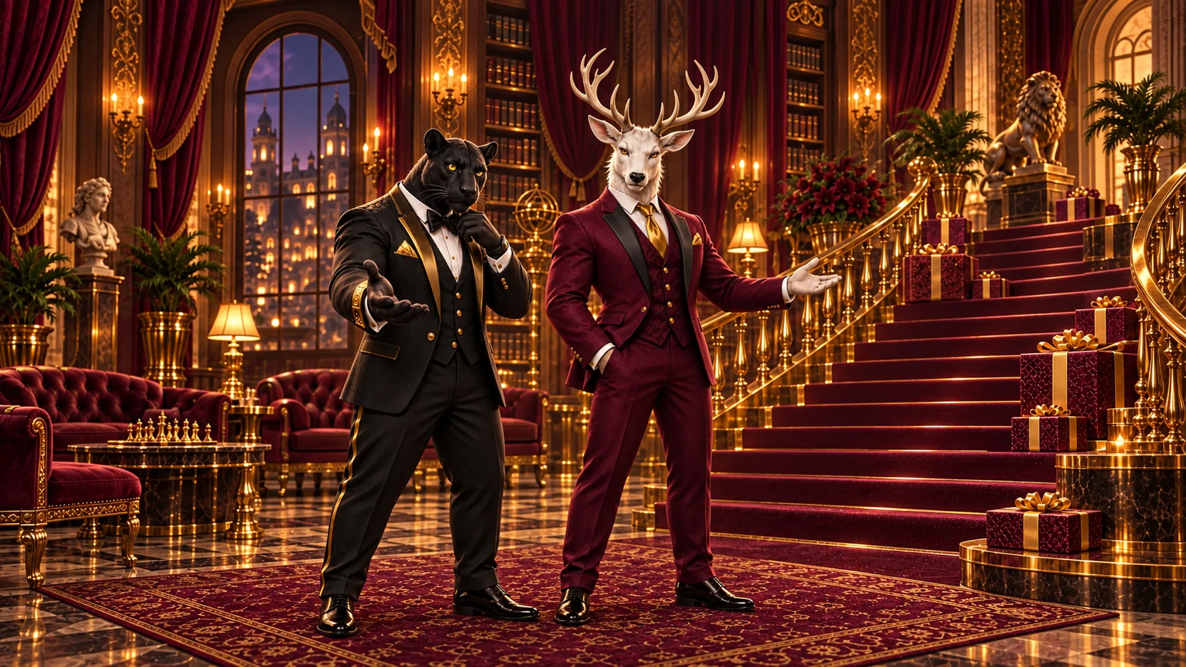 Personajes de Bizzo Casino junto a una escalera con regalos y recompensas VIP.