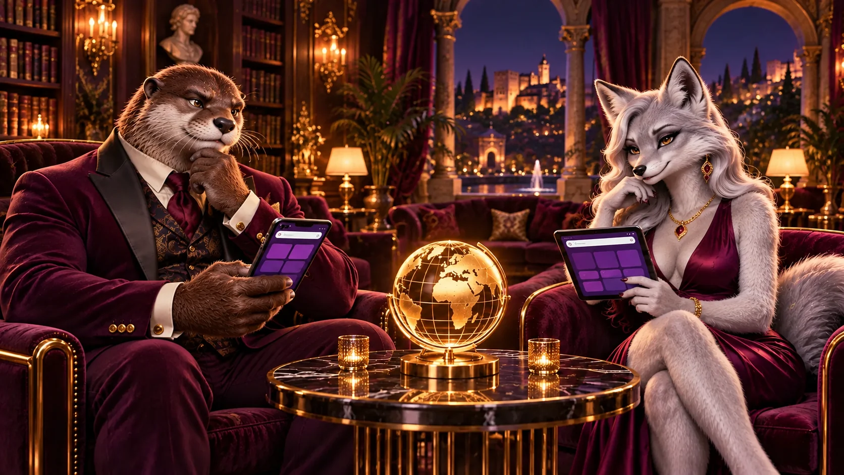 Personajes de Bizzo Casino usando la versión web en un móvil y una tableta.